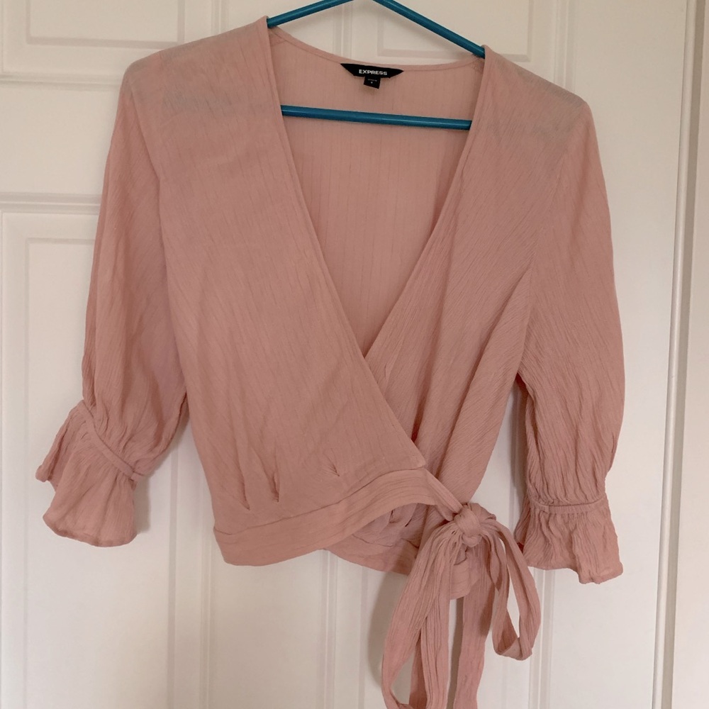 Express women’s crop cross front surplice tie waist blouse metallic thread S
